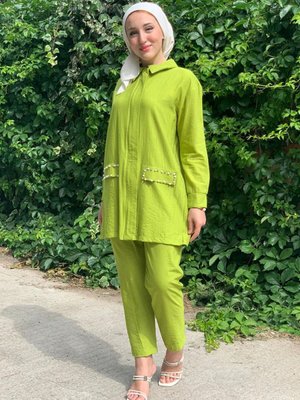 Yağ Yeşili Tunik Cepleri Taş Detaylı İkili Takım Yağ Yeşili Tunik Cepleri Taş Detaylı İkili Takım