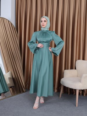 Mint Nila Bel Geniş Bağlamalı Saten Abiye Elbise