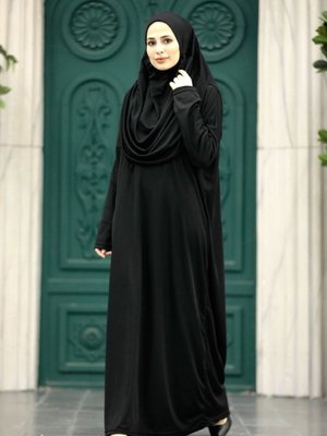 Pamuklu Penye Kumaş Namaz Elbisesi Pratik Başörtülü Boydan Giymeli Siyah