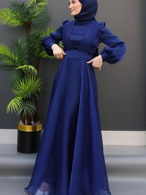 V Pileli Abiye Elbise Lacivert