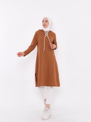 Eflin Yakadan Bağlamalı Kapüşonlu Uzun Sweatshirt Taba