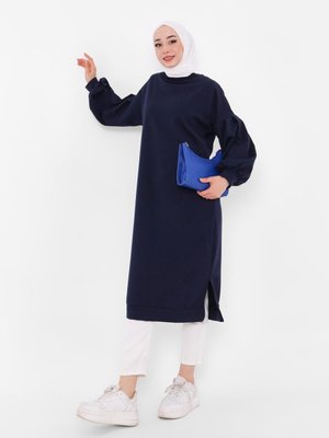 Balon Kollu Uzun Sweatshirt Lacivert