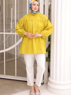 Yağ Yeşili Yaka Fırfırlı Balon Kol Lastikli Terikoton Gömlek