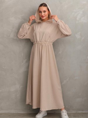 Bej Yazlık Keten Spor Kapüşonlu Belden Büzgülü Cepli Elbise Bej Yazlık Keten Spor Kapüşonlu Belden Büzgülü Cepli Elbise