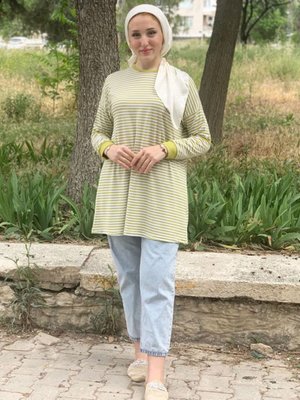 Yağ Yeşili Arissa Çizgili Basıc Tunik