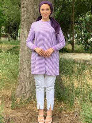 Lila Arissa Çizgili Basıc Tunik