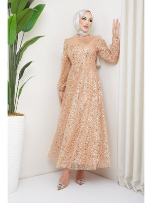 Vizon Payetli Tül Abiye Elbise