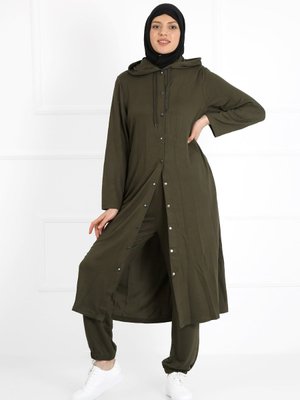 Iki Iplik Haki Renk Kapüşonlu Cepli Çıt Kapamalı Büyük Beden Takım