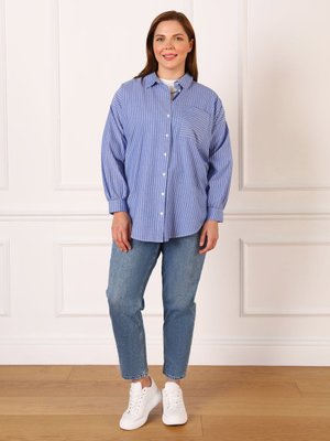 Büyük Beden Cepli Gömlek Mavi Beyaz Çizgili