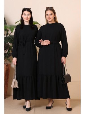 Siyah Yazlik Buyuk Beden Pileli Kadin Tesettur Elbise Ayrobin Kumas