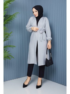 Gri Kol Lastikli Bel Büzgü Detaylı Kap Gri Kol Lastikli Bel Büzgü Detaylı Kap