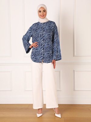 Mavi Viskon Kumaş Rahat Kalıp Desenli Tunik