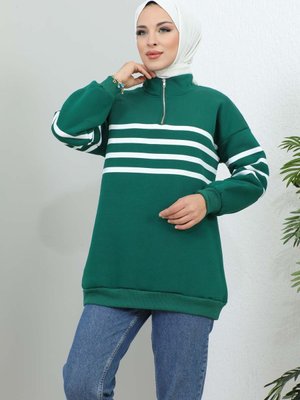 Zümrüt Yeşili Yaka Fermuarlı Çizgili Üç İplik Şardonlu Sweatshirt Zümrüt Yeşili Yaka Fermuarlı Çizgili Üç İplik Şardonlu Sweatshirt