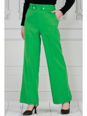 Yeşil Kemeri Düğme Detaylı Bol Paça Pantolon