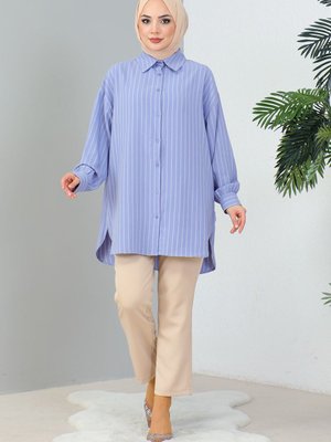 Çizgili Salaş Gömlek Mavi