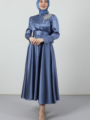 Omzu Taşlı Saten Abiye Elbise İndigo
