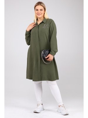 Haki Büyük Beden Yaprak Baskılı Gömlek Tunik