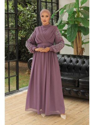 Lila Kruvaze Pilise, Kolları Taşlı Şifon Abiye Elbise