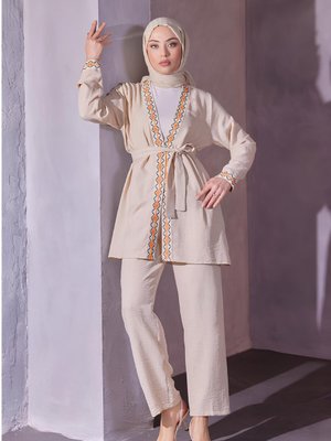 Etnik Şeritli Kimono Pantolon Keten İkili Alt Üs Takım