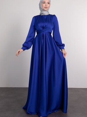 Yakadan Çaprazlı Bele Bağlamalı Abiye Elbise