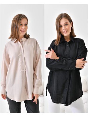 2’li Eko Paket Siyah Ve Kum Basic Oversize Geniş Kesim Büyük Beden Pamuk Gömlek