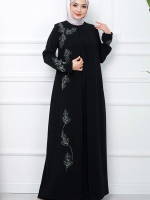 Büyük Beden Yaprak Taşlı Anne Elbisesi Siyah
