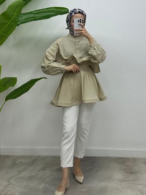 Pliseli Düğmeli Poplin Gömlek Y