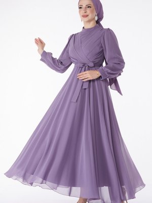 Düz Hakim Lila Kruvaze Yaka Kuşaklı Abiye Elbise