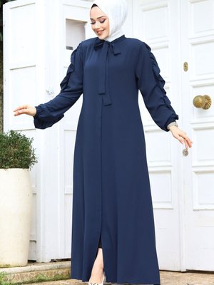 Kolu Fırfırlı Yakası Bağlama Detaylı Ferace Lacivert