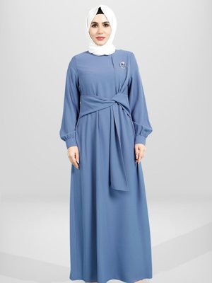 İndigo Kuşaklı Elbise