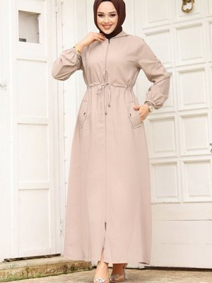 Beli İp Büzgülü Kapüşonlu Ferace Bej