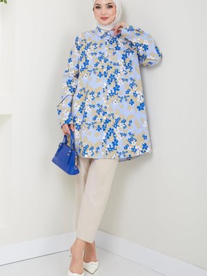 Çiçek Desenli Cepli Büyük Beden Tunik Mavi
