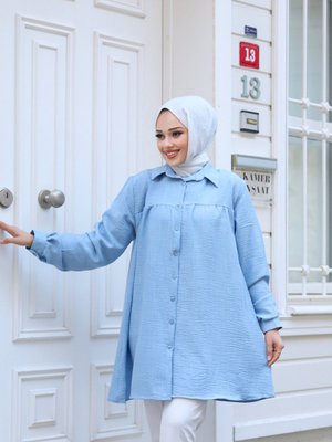 Kadın Tesettür Yazlık Yaka'lı Ve Önü Düğmeli Keten Kumaş Şık Tunik Salaş Gömlek Kadın Tesettür Yazlık Yaka'lı Ve Önü Düğmeli Keten Kumaş Şık Tunik Salaş Gömlek