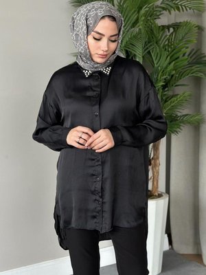Taşlı Saten Gömlek Siyah