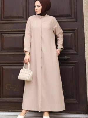 Boydan Gizli Düğmeli Çizgili Ferace Bej