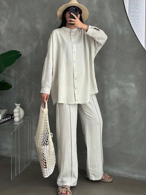 Bej Pantolon Dikişli Keten Takım Bej Pantolon Dikişli Keten Takım