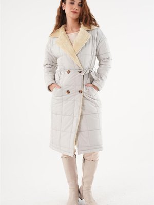 Yakası Peluş Buz Mavisi Kapitone Mont