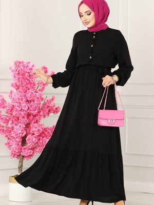 Siyah Düğme Detaylı Viskon Elbise