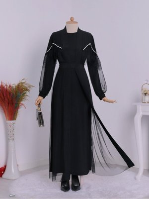 İncili Tüllü İkili Kemerli Abaya