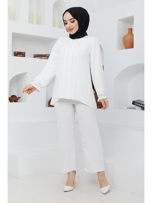 Büyük Beden Geniş Paça Ayrobin Krep Pantolon/beyaz Büyük Beden Geniş Paça Ayrobin Krep Pantolon/beyaz