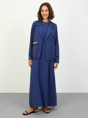 İndigo Şerit Detaylı Kap & Elbise İkili Takım