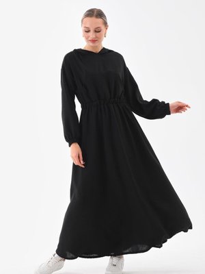 Siyah Yazlık Keten Spor Kapüşonlu Belden Büzgülü Cepli Elbise Siyah Yazlık Keten Spor Kapüşonlu Belden Büzgülü Cepli Elbise