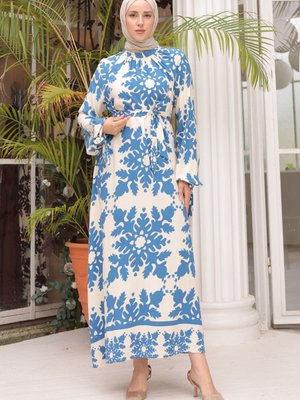 İndigo Kol Bağlamalı Desenli Viscon Elbise İndigo Kol Bağlamalı Desenli Viscon Elbise