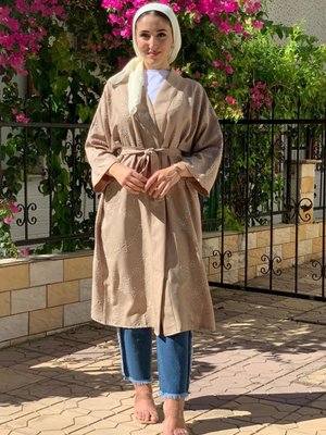 Vizon Papatya Nakışlı Keten Kimono