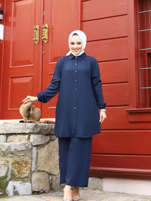 Önü Düğmeli Ve Yakalı Dokuma Viskon Gömlek Tunik Pantolon Salaş Takım