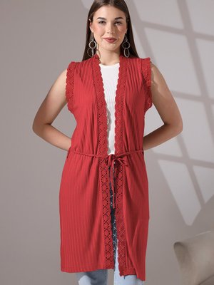 Yumuşak Dokulu Penye Dantel Detaylı Kuşaklı Uzun Yelek Büyük Beden & Hırka Yumuşak Dokulu Penye Dantel Detaylı Kuşaklı Uzun Yelek Büyük Beden & Hırka