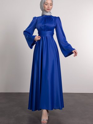 İspanyol Kol Beli Dolamalı Saten Abiye Elbise