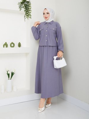 Çizgili Krep Kumaş Cep Detay Bel Lastikli Etekli Alt Üst Takım