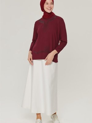 Etek Ucu Taşlı Penye Vişne