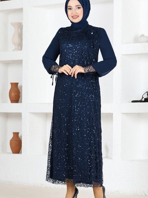 File Pullu Güllü Tesettür Abiye Elbise